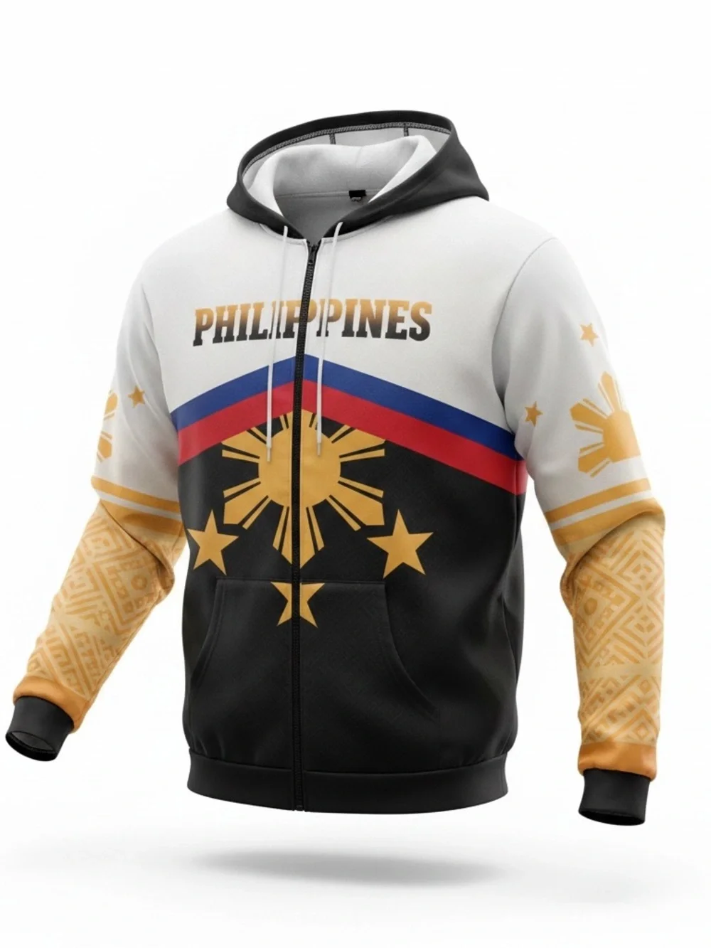 Philippines-Inspired Men's Zip-Up Hoodie Sweater - Black, White & Gold